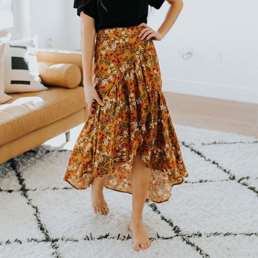 Hayden Mustard Floral Midi Skirt